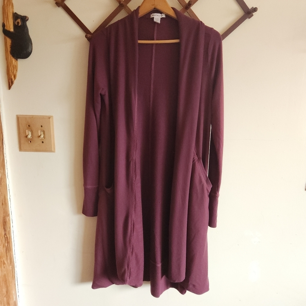 Athleta Open-Front Long Cardigan Robe Burgandy Modal Small S